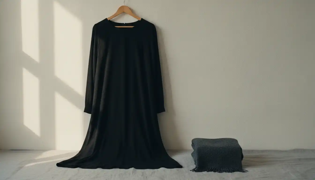 Musta polvipituinen mekko ripustimella ja tumma huivi vieressä